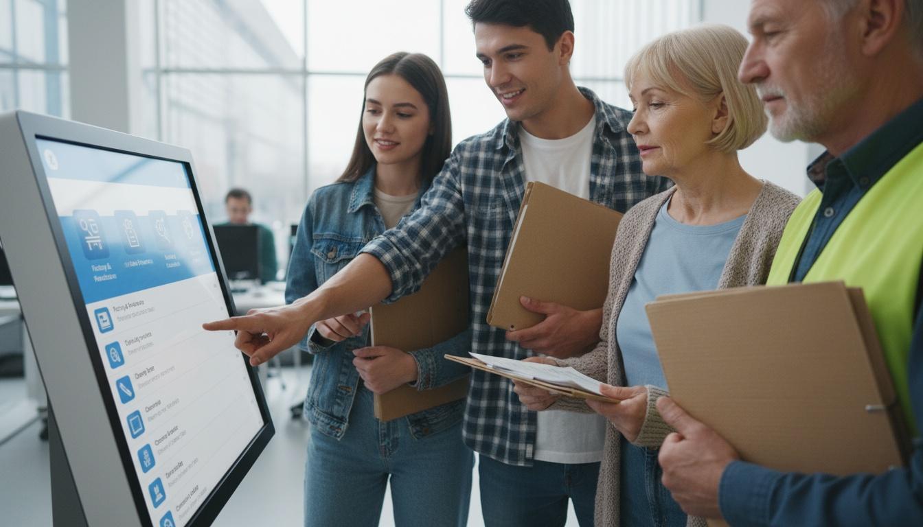 Mangfoldige jobsøgende ved kiosk